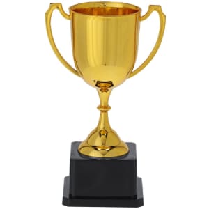 A gold trophy with a shiny finish, featuring two handles and a black base.