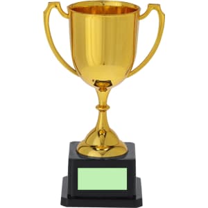 A gold trophy with a shiny finish and two handles, mounted on a black square base.