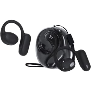 Black Vixlan Translator Earbuds with a compact charging case, featuring a sleek design and a logo.