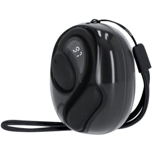 A black Vixlan Translator Earbud with a sleek design and a lanyard attachment for easy portability.