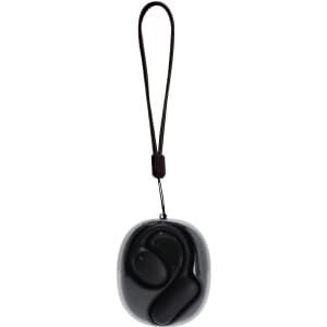 A black Vixlan Translator Earbud in a rounded case, featuring a strap for easy carrying and a logo.