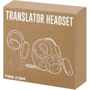 A brown cardboard box containing a pair of earbuds and a charging case, with a logo and simple line drawings.
