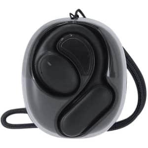 A black Vixlan Translator Earbud case with earbuds nestled inside, featuring a smooth, rounded design and a carrying strap.