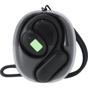 A black Vixlan Translator Earbud in a sleek case with a strap for easy carrying. The case features a green indicator.
