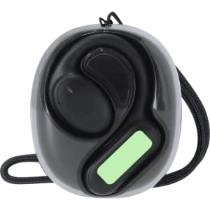 A black and green Vixlan Translator Earbud in a protective case, featuring a strap for easy carrying.