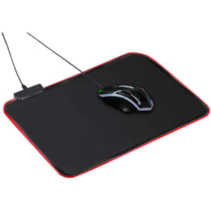 A black mousepad with a red border and a wired gaming mouse on it, featuring LED lighting and a branding logo.