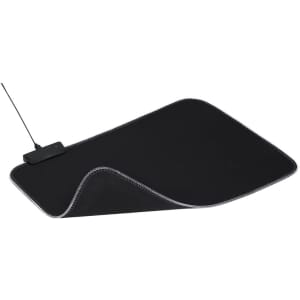 A black mousepad with a curved edge and a tag, featuring a stitched border for durability.