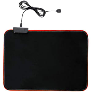 A black mousepad with a red edge, featuring a cable for connectivity, designed for office use.