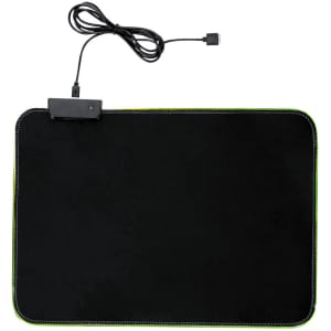 A black mousepad with green stitching and a connected cable for power. It features a branding logo.