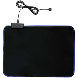 A black mousepad with a blue stitched edge and an attached USB cable for lighting.