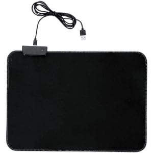 A black mousepad with a USB cable attached, featuring a textured surface and stitched edges.
