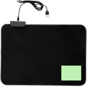 A black mousepad with a green area and a USB cable attached, featuring a logo on the surface.