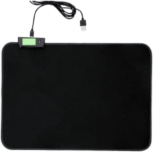 A black mousepad with a USB connector and a small control device for adjustments.