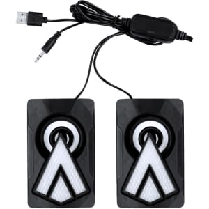A black speaker set with a geometric design, featuring USB and audio cables for connection.