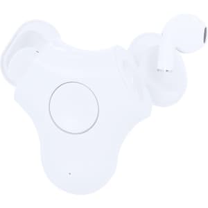 A pair of white Levin earphones displayed with their charging case, which is also white, featuring a brand logo.
