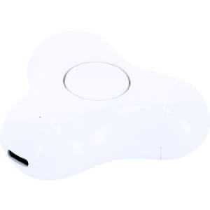 A white triangular charging case for Levin Earphones, featuring a central button and a charging port.