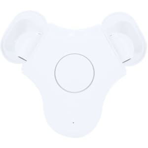 White earphones in a charging case with a circular button on the front, featuring a logo.