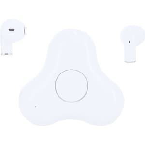 White Levin Earphones alongside a charging case, featuring a rounded, compact design.