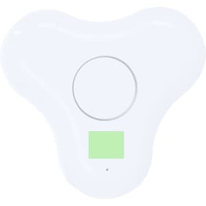 A white, compact wireless charging pad with a circular design and a small green indicator panel.