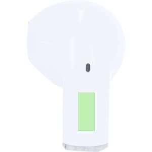 White earphone with a sleek design, featuring a subtle green accent and a logo.