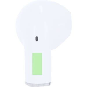 A pair of white earphones with a green accent and a logo, showcasing a modern design.