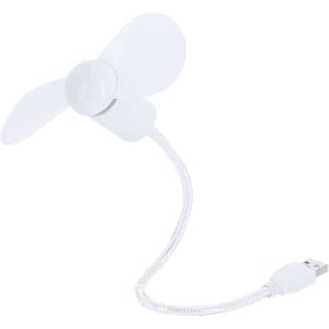 A white USB fan with flexible neck and two blades, featuring a small logo on the base.