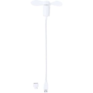 A portable white USB fan with a flexible neck and small fan blades. It includes a USB connector.