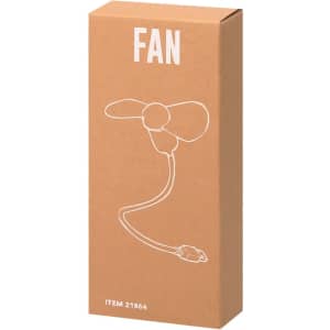 A brown cardboard box containing a small, white fan with a USB connector. The box features a simple fan illustration.