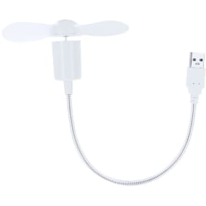 A white USB fan with flexible neck and two plastic blades, featuring a branding logo.