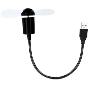A small USB fan with a flexible neck, featuring a black body and white blades. It has a logo on the base.