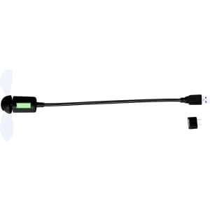 A small USB fan with black casing and green accents, featuring flexible arms and blades. Includes a separate USB connector.