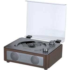 A wooden and grey Hopson CD player with a transparent lid and built-in speakers.