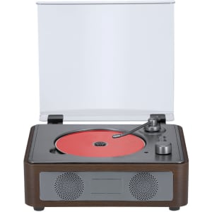 A brown retro-style CD player with a transparent lid, featuring a red disc and dual speakers on the front.