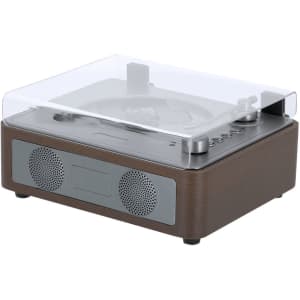 A brown Hopson CD player with a transparent lid and built-in speakers. It features controls on the front.