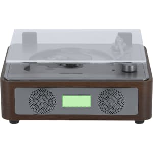 A wooden CD player with a clear cover, featuring grey speakers and a green display.