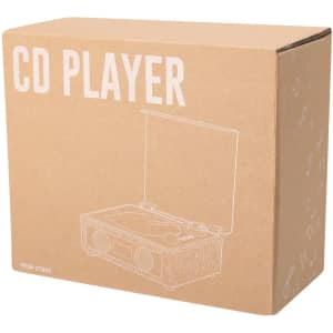 A cardboard box containing a CD player illustration, featuring a graphic of a CD player in a light brown colour.