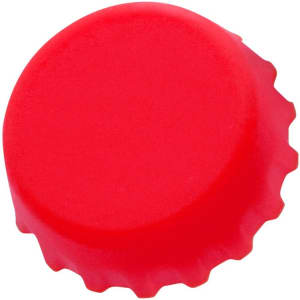 A drink bottle cap in vibrant red, featuring a ridged edge and a smooth top surface. Includes a logo.