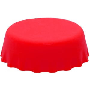 A drink bottle cap in bright red, featuring a smooth, rounded top and a fluted edge. It has a logo.