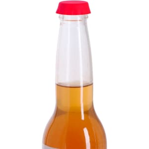 A drink bottle with a clear body and a red cap, containing a golden liquid inside. It features a logo on the bottle.