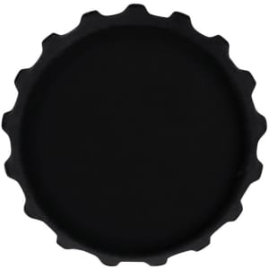 A drink bottle cap in black, featuring a ridged edge. The item has a logo but no text visible.