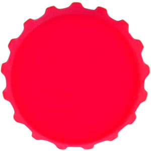 A drink bottle cap in vibrant red, featuring a classic scalloped edge design. It has a branding logo.
