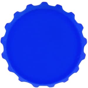 A drink bottle cap in a vibrant blue colour with a ridged edge, featuring a logo in the centre.