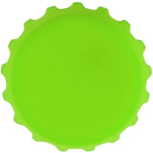 A drink bottle cap in bright green, featuring a ridged edge. The product has a logo on its surface.