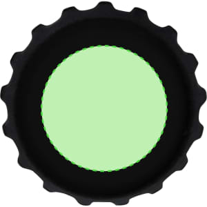 A drink bottle cap in black with a round, light green inner circle. It features a logo at the top.