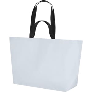 A large, reusable grocery bag in white with black handles, featuring a simple design and a logo on the front.