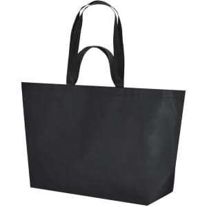 A black reusable grocery bag with long handles and a spacious design. It features a simple branding logo.
