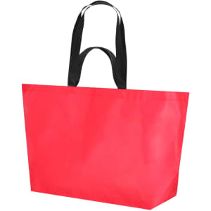 A red reusable grocery bag with black handles and a simple design. It features a branding logo.