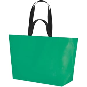 A reusable grocery bag in vibrant green with black handles, featuring a logo.