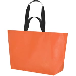 An orange reusable grocery bag with black handles and a simple design. It features a logo on one side.
