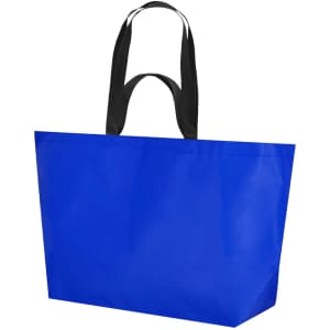 A reusable grocery bag in vibrant blue with black handles and a simple design. It features a branding logo.